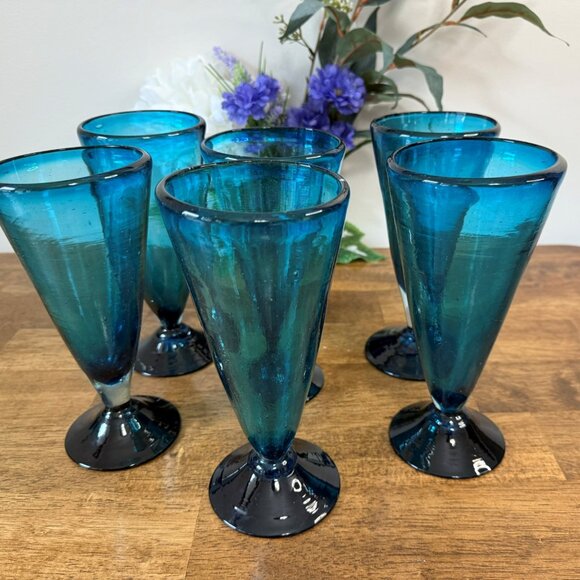 Biot France Hand Blown Blue Tumblers Set of 6 – 16 oz French Bubble Glass Footed - Picture 1 of 8
